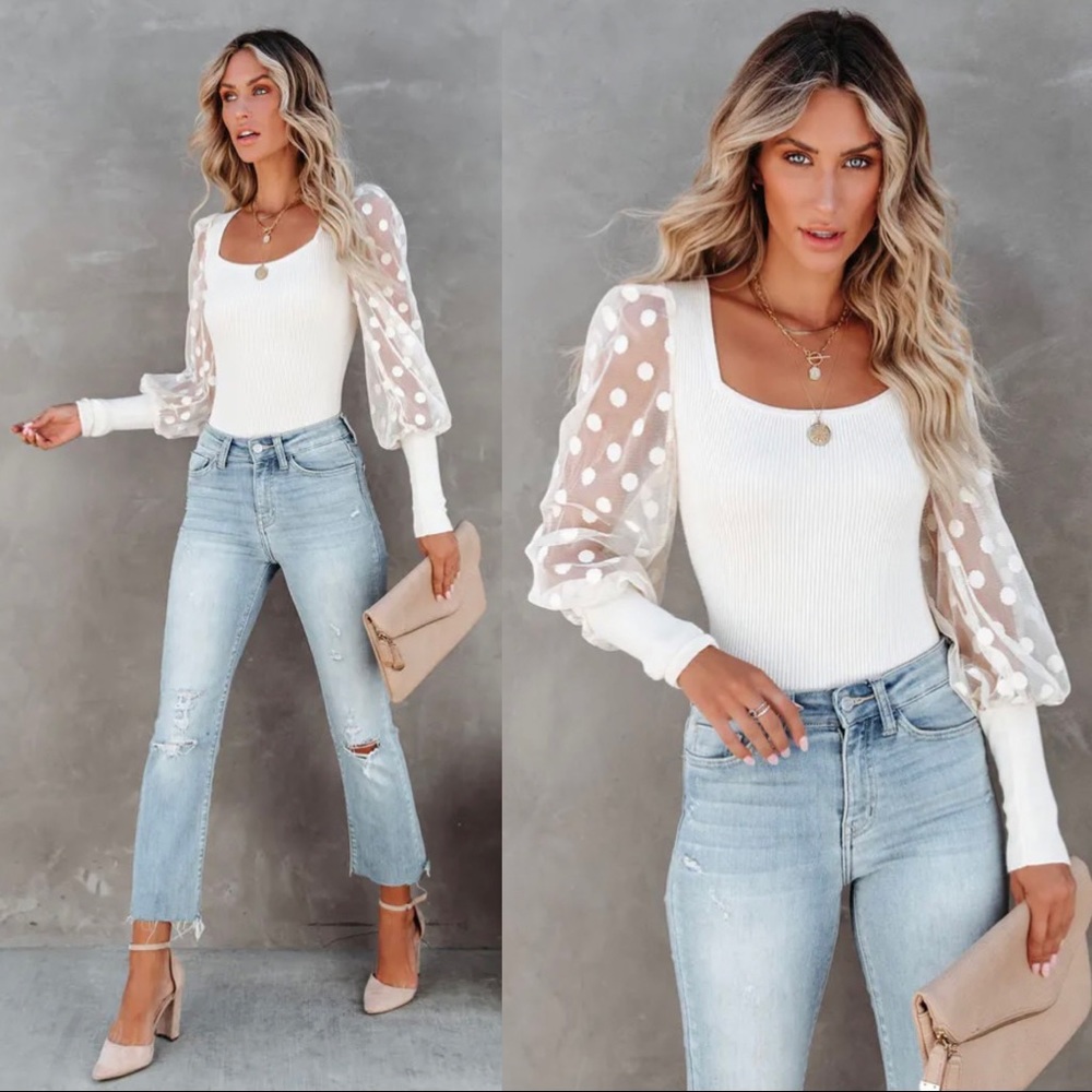 Vici Collection Mina Polka Dot Contrast Sleeve Knit Top